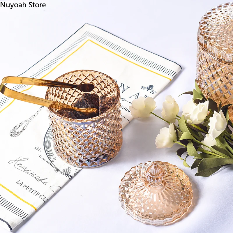Storage Box Storage Jar Storage Sets Household Storage Sets Crystal Glass Jar European-style Diamond Pattern Candy Storage Box Cotton Swab Box Sealed Jar Living Room Home Furnishings