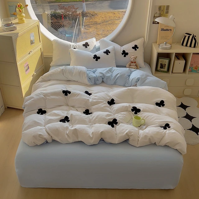 Ensemble de housse de couette 3 pièces (1 * housse de couette + 2 * taie d'oreiller, sans noyau), ensemble de literie brodé en fil de nœud papillon, doux et confortable 1