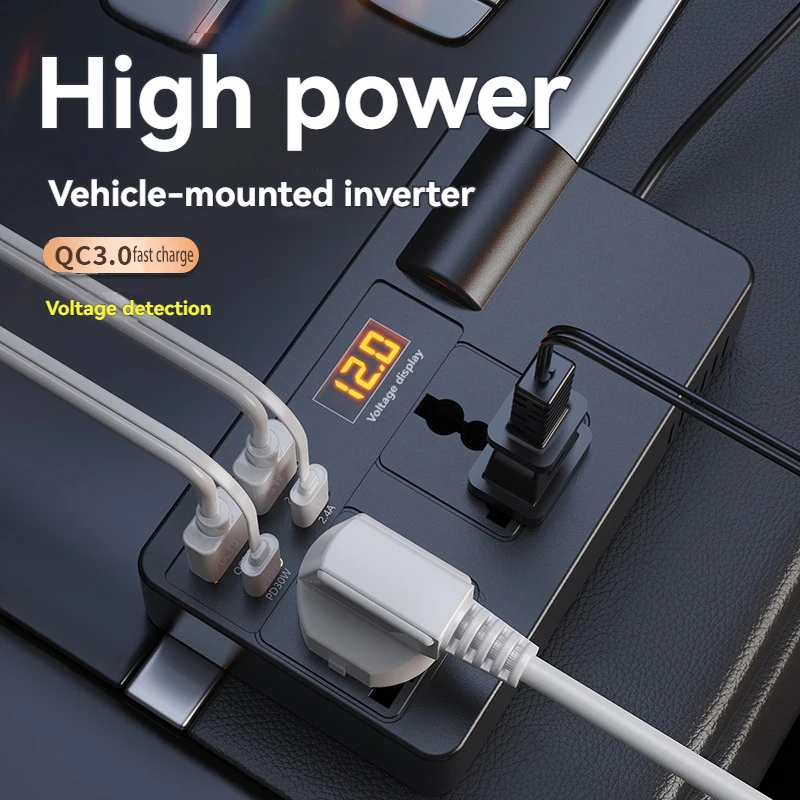 Car Inverter Power Adapter 200W DC 12V/24V to AC 220V Converter QC 3.0 USB/PD/Type-C Chargers Voltage Detection ON/OFF Switch