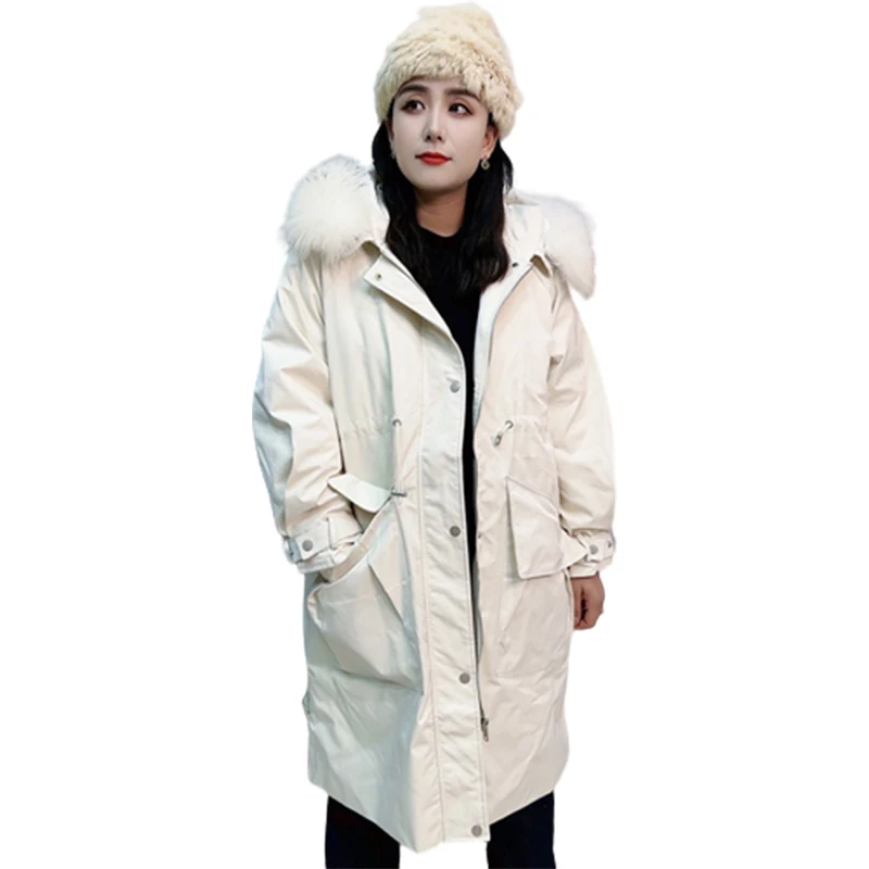 2023 winter Real fur large size down jacket women loose warm big collar X-long hooded coat parka outdoor white duck down jacket