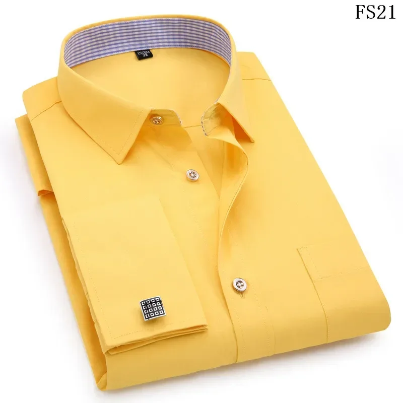 2023 Men French Cufflinks Shirts White Collar Design Solid Color Jacquard Fabric Male Gentleman Dress Long Sleeves Shirt