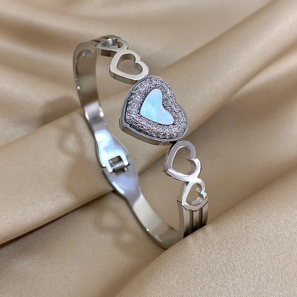 Luxury Rhinestones Heart Bangle Stainless Steel Cuff Stackable Bangle Bracelets with White Shell Valentine's Day Jewelry Gifts 5