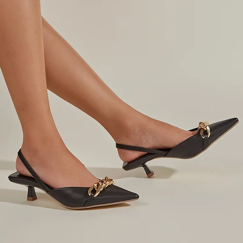 Women High Heels Shoes 3cm High Heels Chain Slingback Mules Low Heel Luxury Slides Wedding Shoes