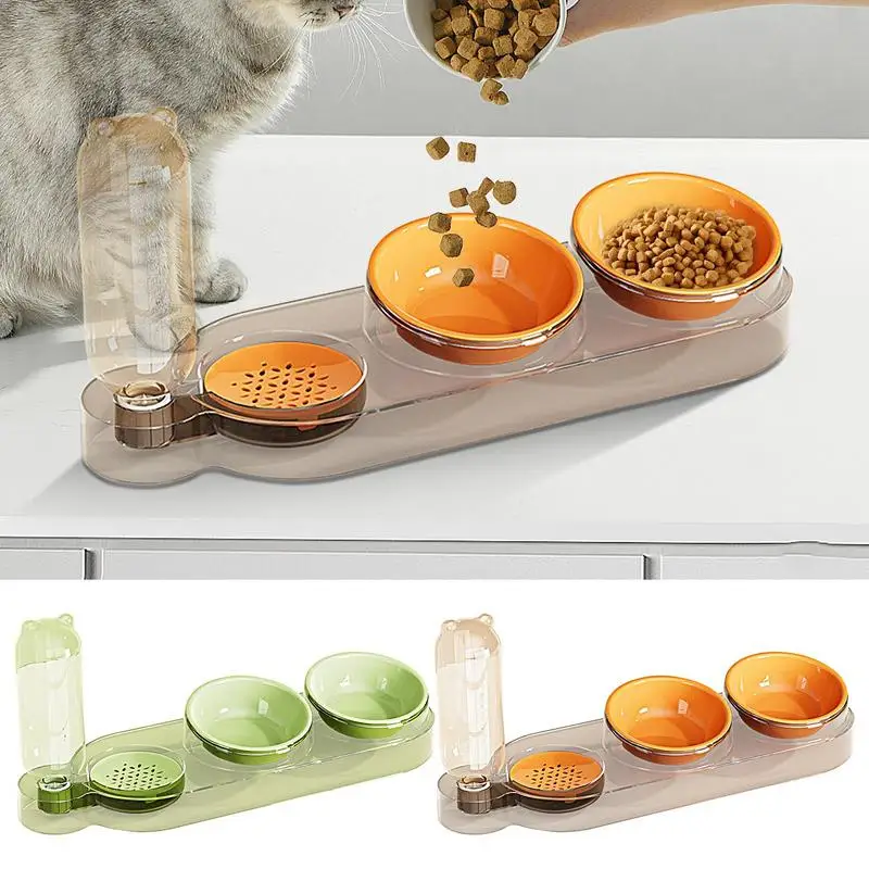 

10 Degree Tilted Pet Food Bowls Automatic Feeder 3-in-1 Dog Cat Food Bowl With Water Fountain For Puppies Dog Indoor Cats