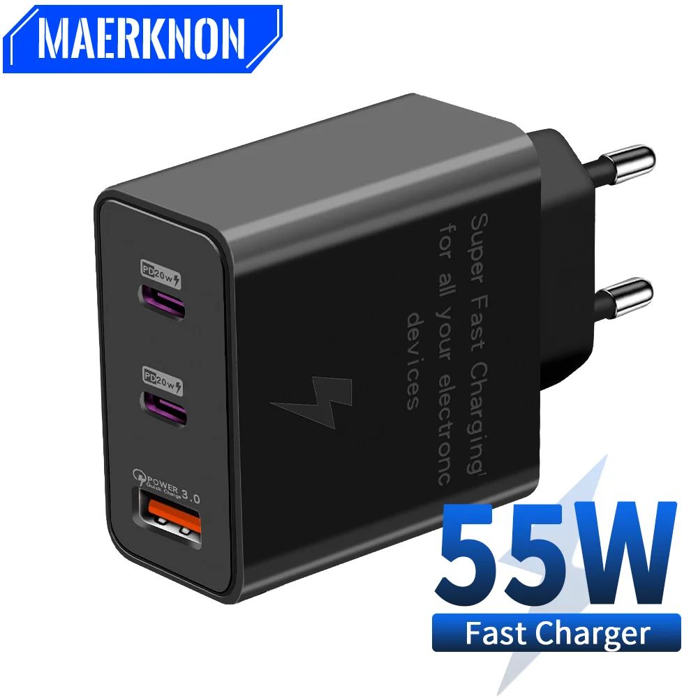 

USB Charger Multiple Ports Fast Charging 55W PD Mobile Phone Adapter Quick Charge 3.0 Travel Wall Charger For iPhone Samsung LG