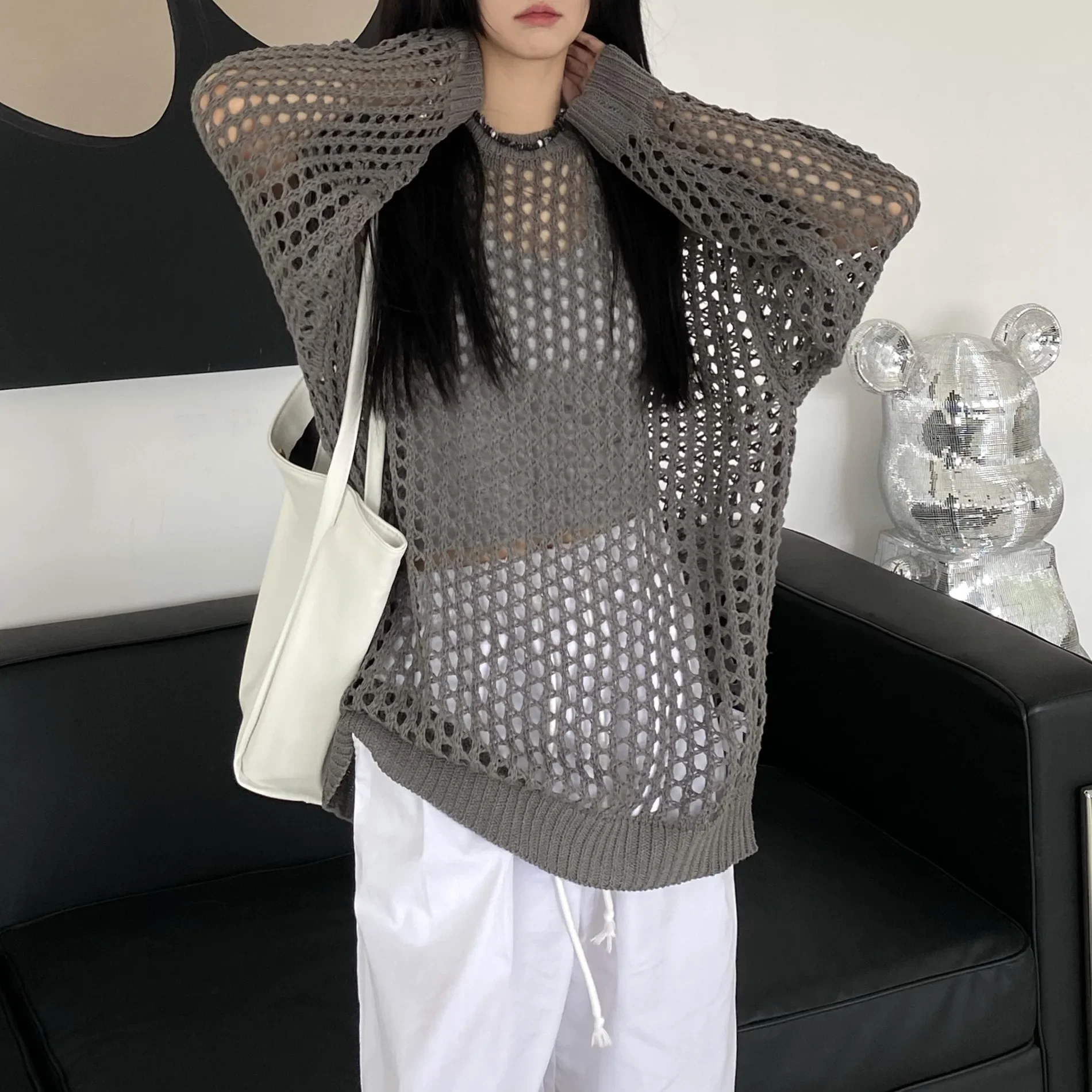 Autumn Fashion Women's Clothing Hollow Loose Crew Neck Women's Long Sleeve Top Casual Sweater Pullover Knitwear