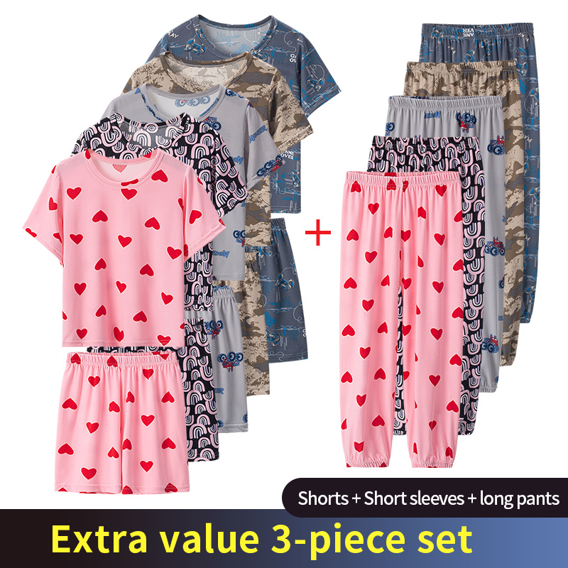 3 Piece Children's Summer Short-sleeved Pants And Shorts Three-piece Boy And Girl Comfortable Thin Air-conditioned Pajamas Set