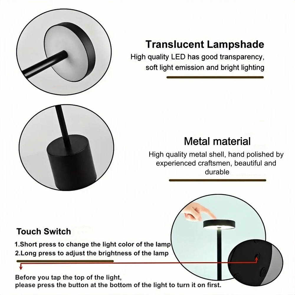 LED 금속 책상 램프 3색 터치 컨트롤 조절 가능한 밝기 USB 충전식 휴대용 침실 거실 바 장식