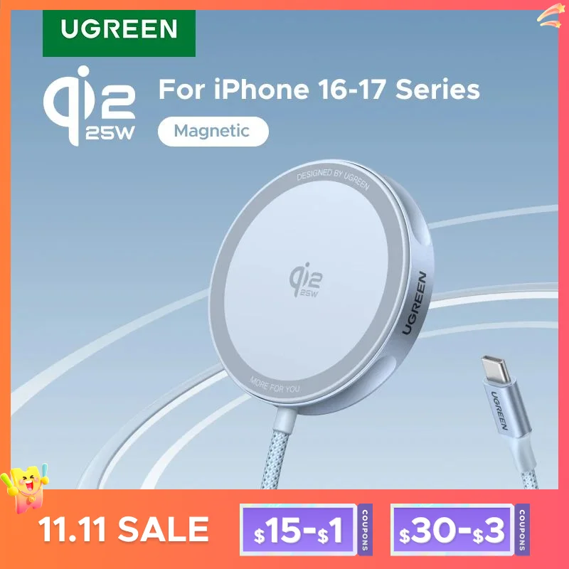 Chargeur Sans Fil UGREEN MagFlow Qi2 25W - Compatible IPhone 17 à 12, AirPods - Avec Câble 1,5 M