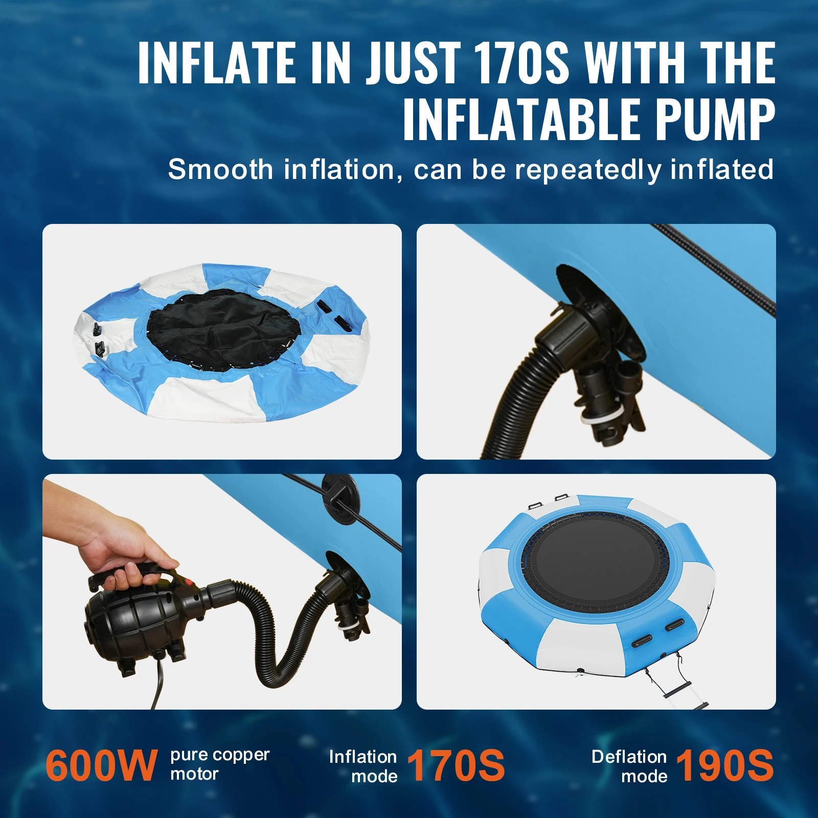 VEVOR 6.5/10/12/13/15ft Water Trampoline InflatablRecreational Water Bouncer w/Electric Inflator Portable Bounce Swim Platform 4