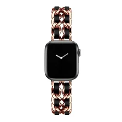 Gold Steel Leather Bracelet Wristband - 38mm 40mm 41mm (Rosegold Black)