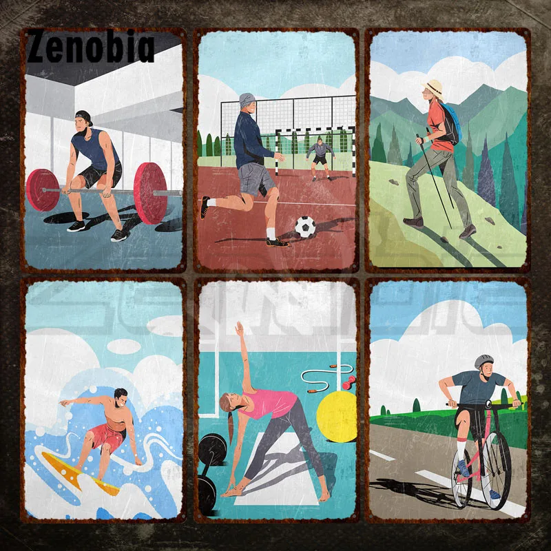 

Sports Metal Poster Weightlifting Surf Soccer and Cycling Vintage Metal Signs Tin Signs Retro Plaque for Room Wall Decoration