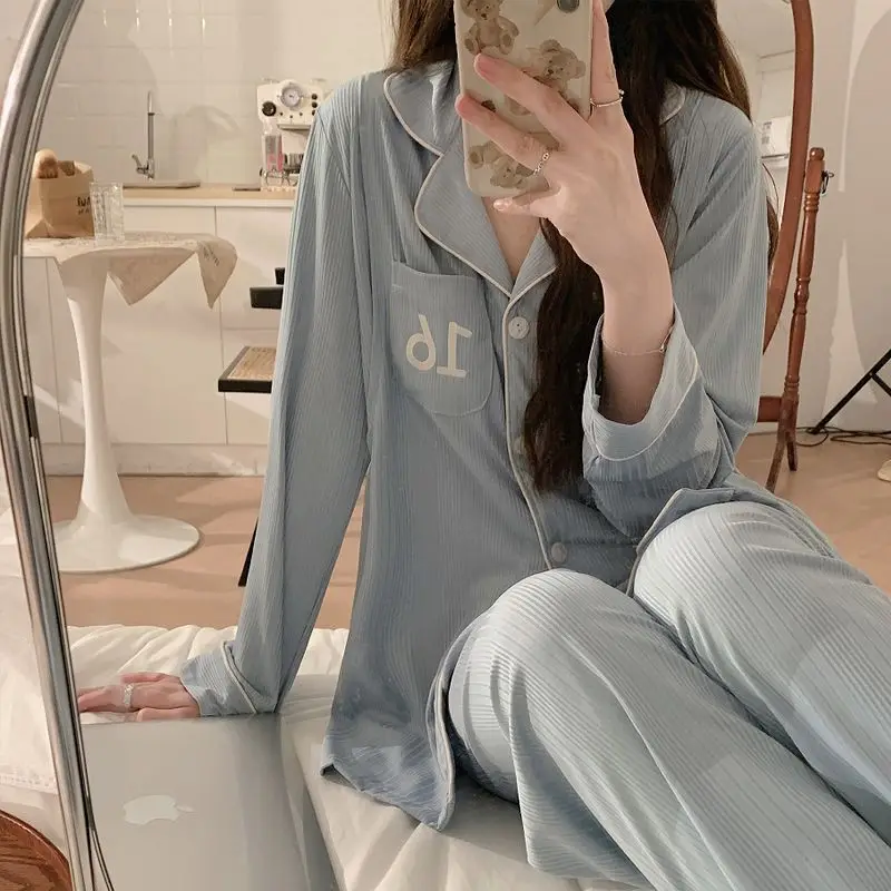 2024 Spring Thin Simple Style Women Pajamas Long Sleeve Breathable Sweat-Absorbent Confinement Clothing Large Size Homewear Suit