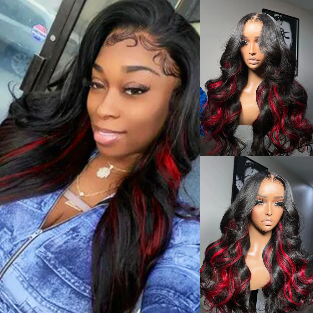 

RONGDUOYI Black Pink with Red Long Body Wave Synthetic Lace Front Wig Highlights Red Pre-Plucked Fiber Women Wigs Daily Cosplay