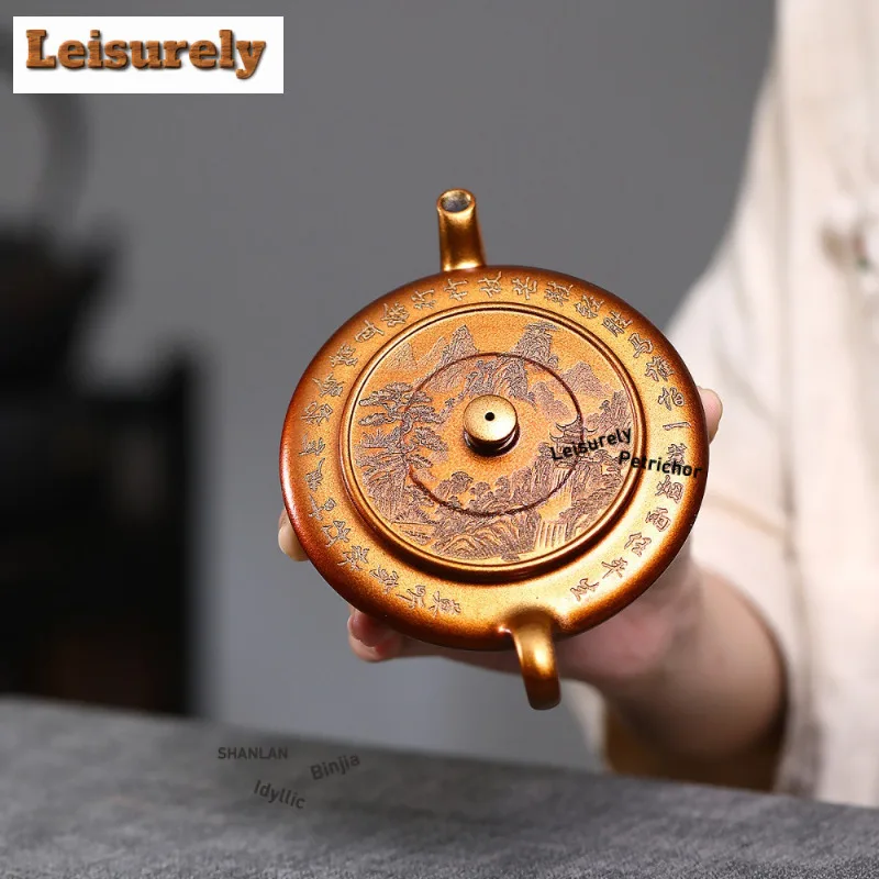 190ml Yixing Purple Clay Teapots Handmade Flat Pot Raw Ore Stone Yellow Mud Conch Roasting Gold Sand Kettle Zisha Tea Set Craft