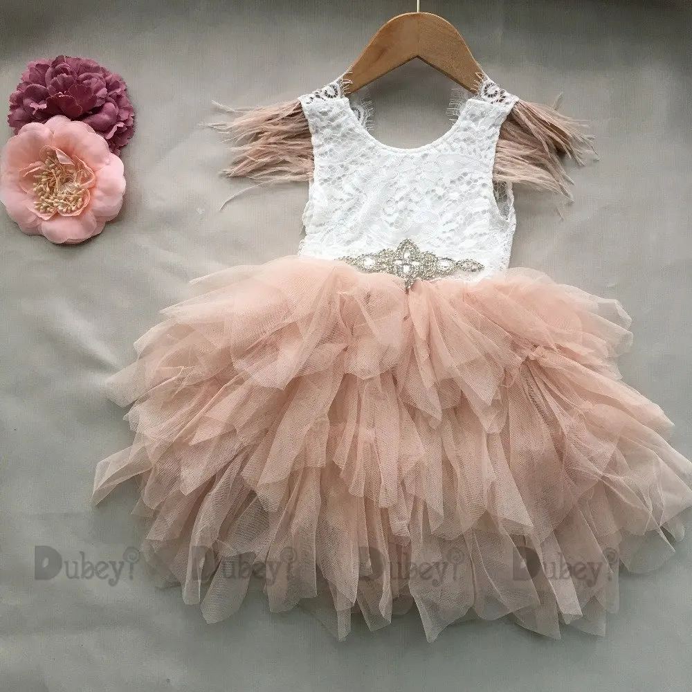 Princess Baby Feather Dress 1st Birthday Party Toddler Girls Lace