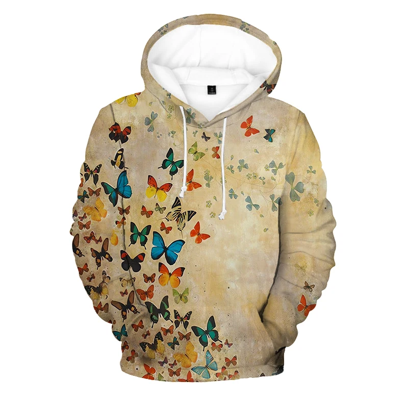 

Men's Elegant Khaki Printed Hoodie Retro Butterfly Pattern Couple Sweater Casual Loose Oversized Hip Hop Hooded Long Sleeve Top