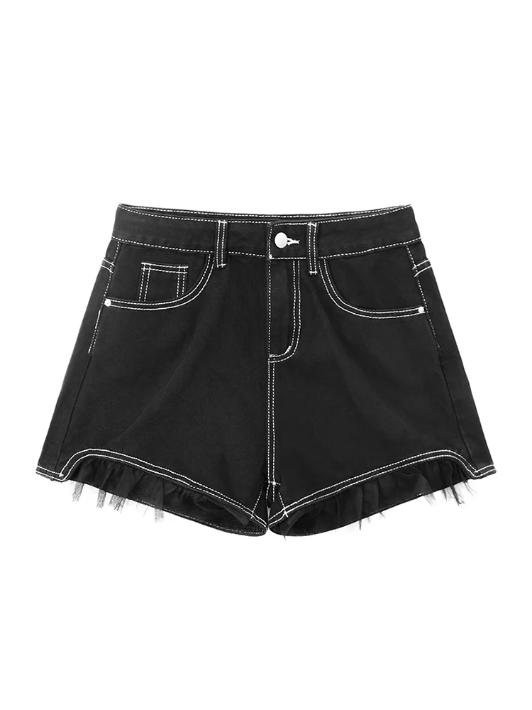 

Summer Women Gauze Patchwork Hot Pants Denim Shorts Design Korean Fashion 2000s Aesthetic Kpop Gyaru Y2k Streetwear Kpop Tide