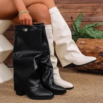 Women's Fashion Folding Knee-high Boots Winter Solid Color Non-slip Thick-soled Wide-leg PU Leather Fashion Boots Botas Mujer 1