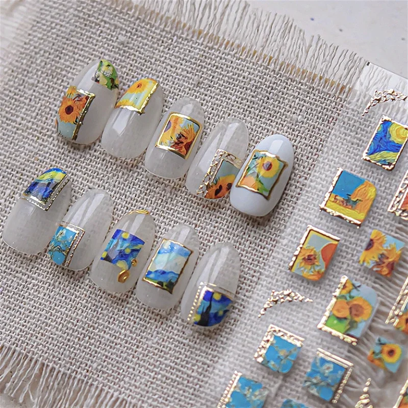 Hot Stamping Colourful Sunflower Starry Night Impressionism Embossment nail art decoration nail stickers nail decals Shiny Rhinestone Manicure Decal