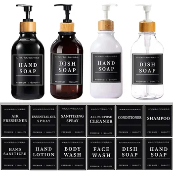 ขวดสบู่ทรงกลมขนาด 16.9 ออนซ์ 2 ชิ้น 500 มล. หัวปั๊มไม้ไผ่ พร้อมฉลาก 12 ชิ้น สำหรับใส่โลชั่น แชมพู ครีมนวดผม ใช้ในห้องน้ำและห้องครัว 1