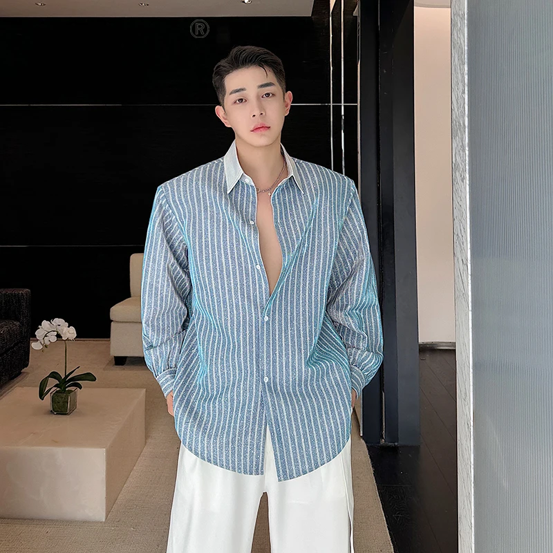 

NOYMEI Men's Korean Style Striped Shirt Turn-down Collar Long Sleeve Temperament Fashionable All-match Contrast Color Top WA4003
