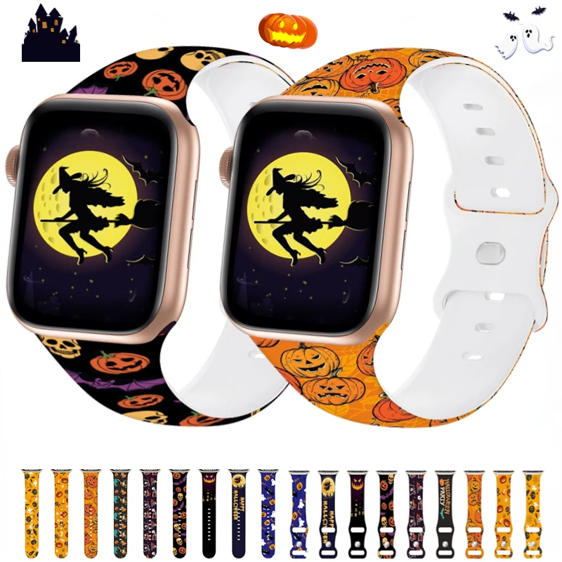 

Ремешок силиконовый для Apple watch 8 7 45 мм 41 мм Ultra 49 мм, браслет с принтом тыквы для iwatch 6 5 4 3SE 44 мм 42 мм 40 мм