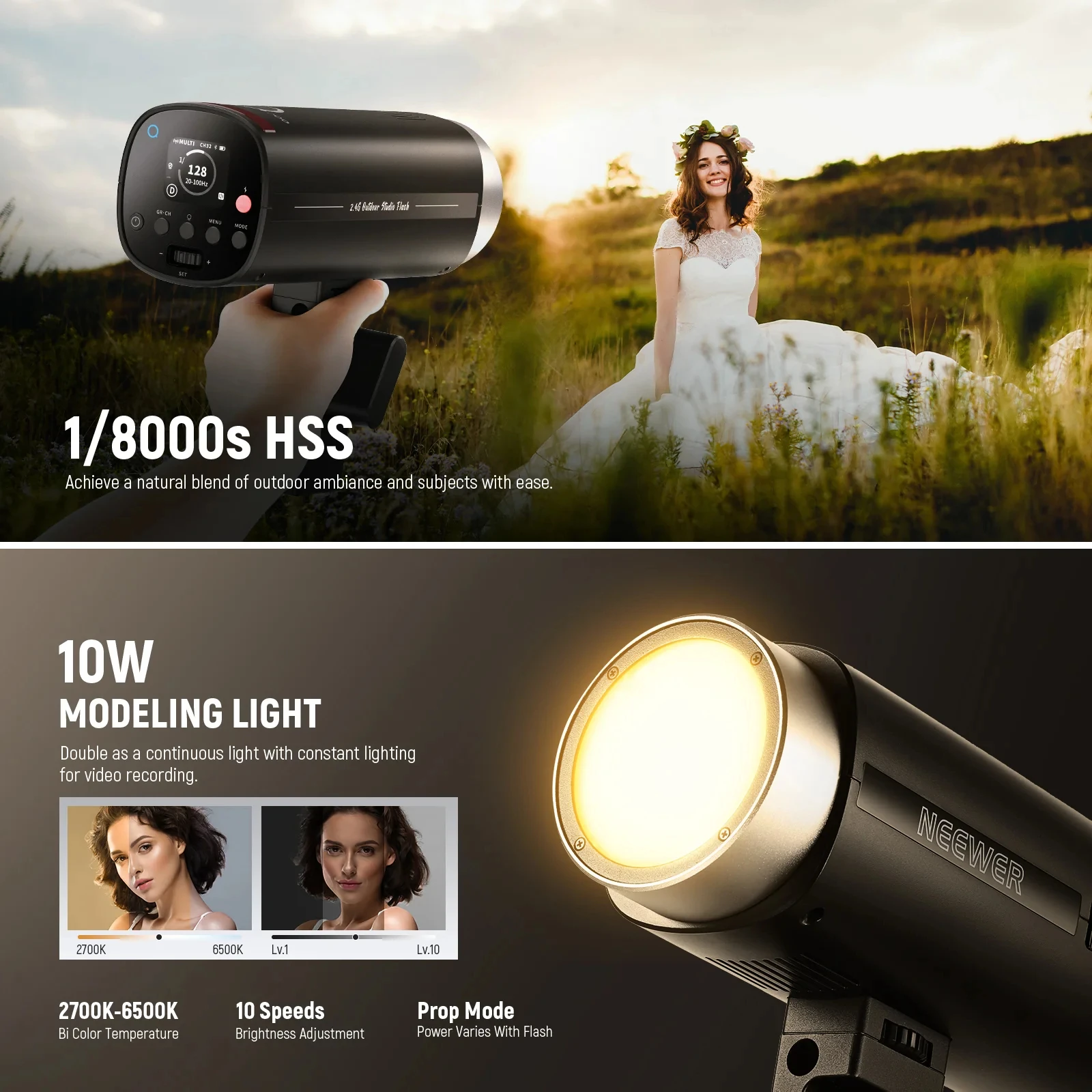 NEEWER Q200 200Ws 2.4G 야외 무선 TTL 플래시 (앱 컨트롤 지원)..