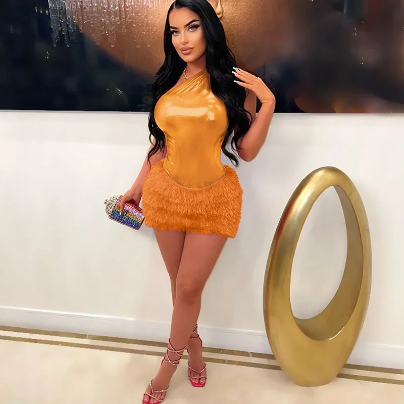 여성용 섹시한 원 숄더 바디수트 상의 및 스커트 2 종 세트, 나이트 클럽 생일 의상, 파티 슬림, 우아한 미니 원피스 숏 세트