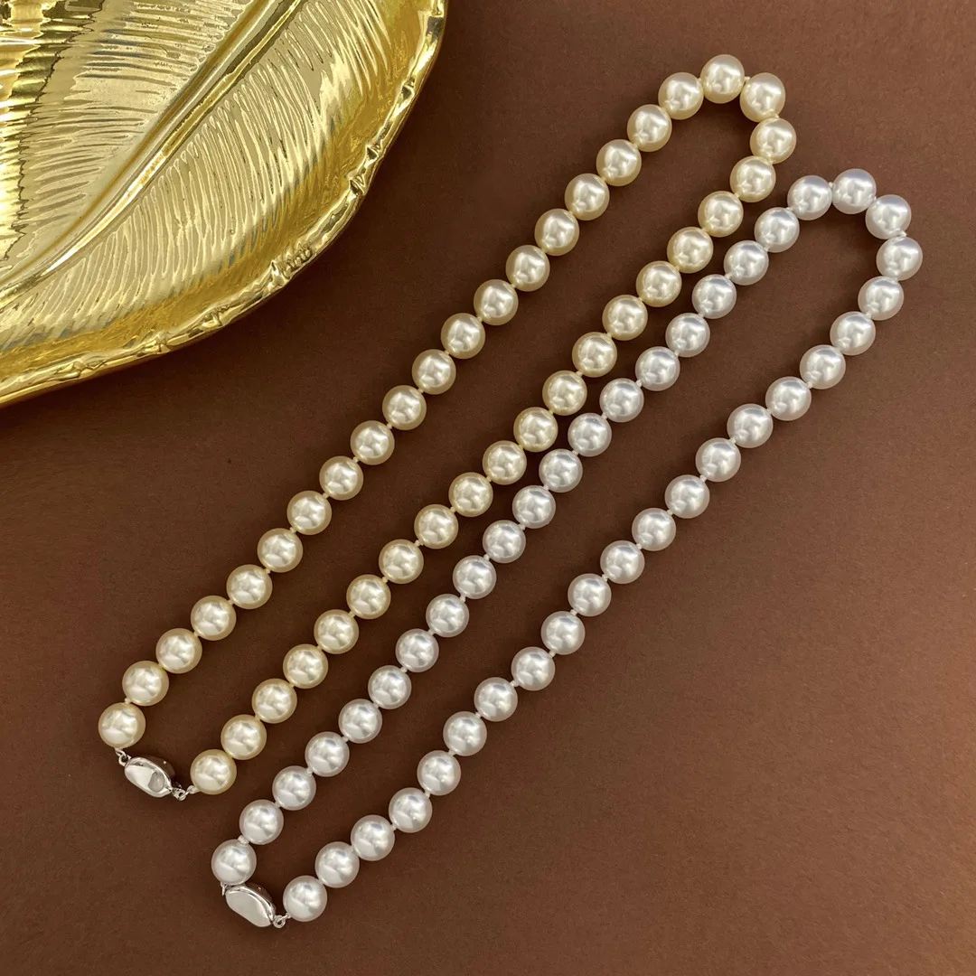 Women's wild gold ingot buckle 10mm round pearl necklace