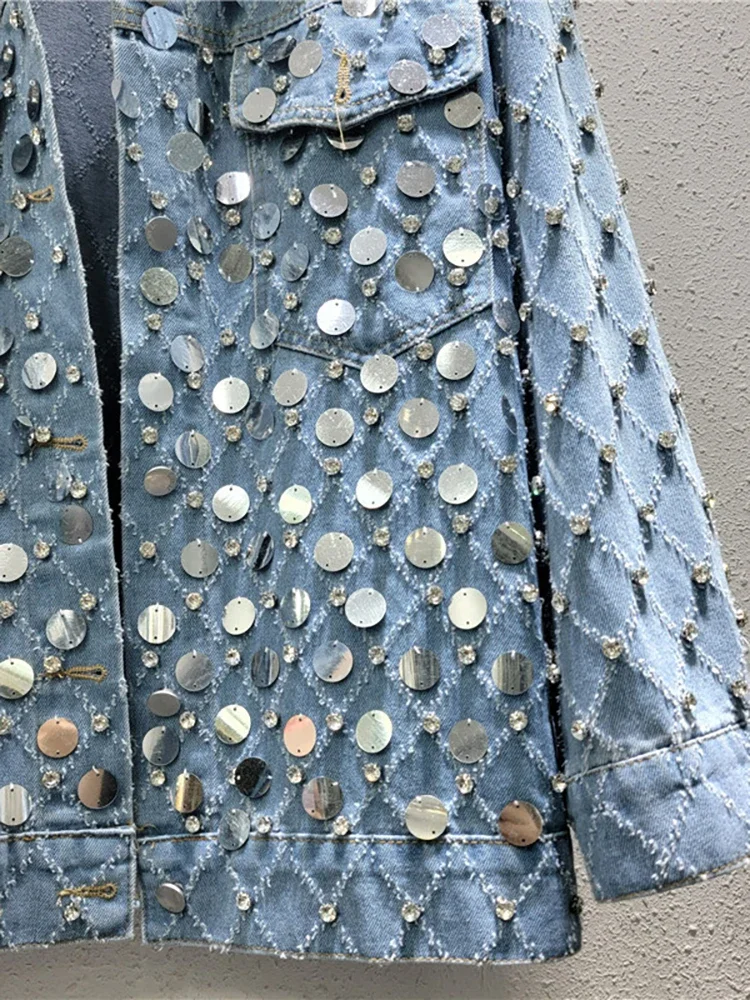 Luxury Women Diamonds Beaded Denim Coat Rhinestones