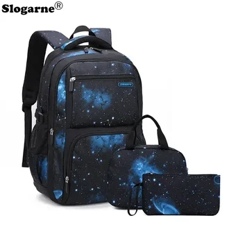 New 3PCS Set Children Backpacks Starry Sky Pattern Students School Bag for Boys Waterproof School Bag with Lunch Bag Pencil Case 1