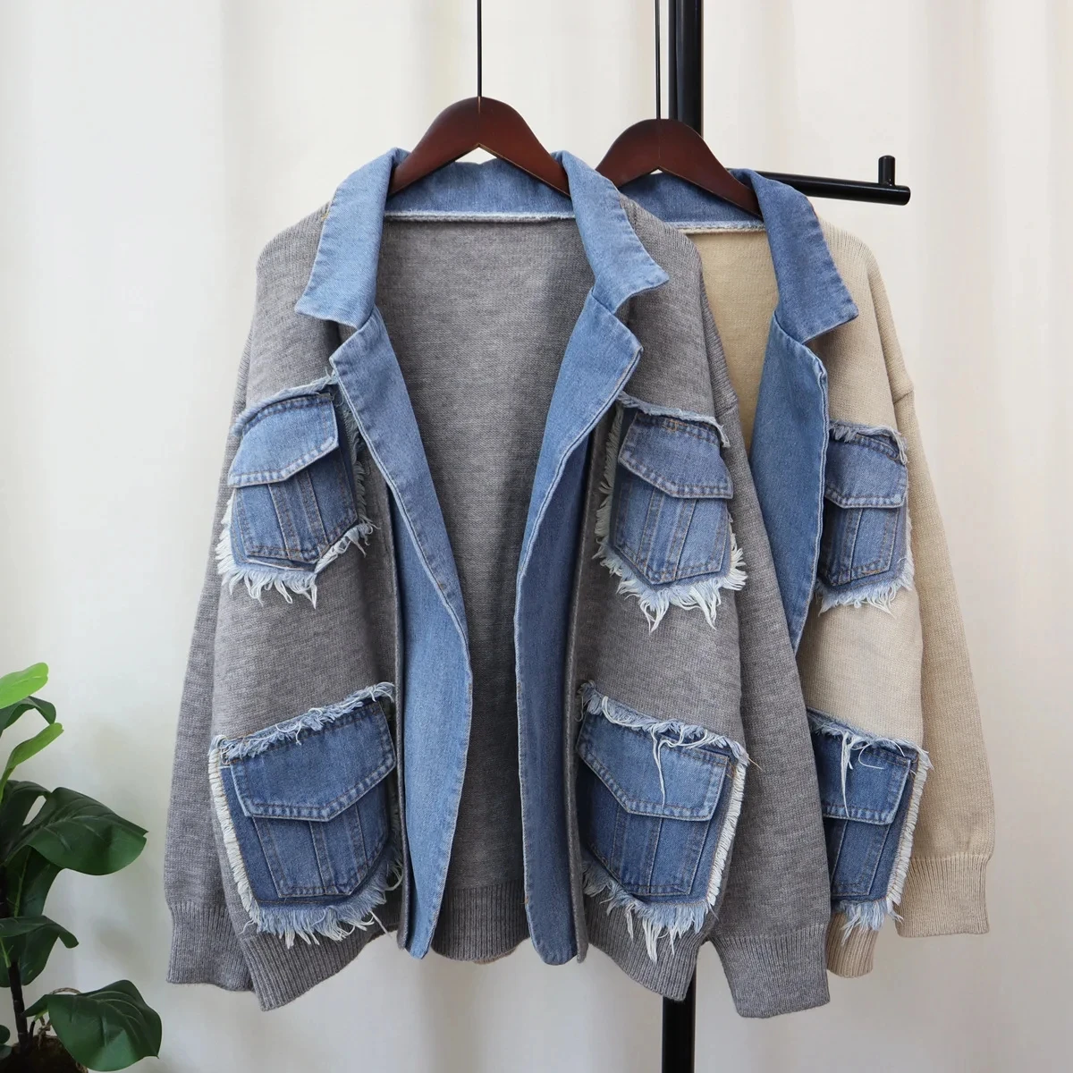 

Autumn Winter Denim Pocket Spliced Women Denim Sweater Sweater Jacket Casual Versatile Knit Female Cardigans Coat Tops