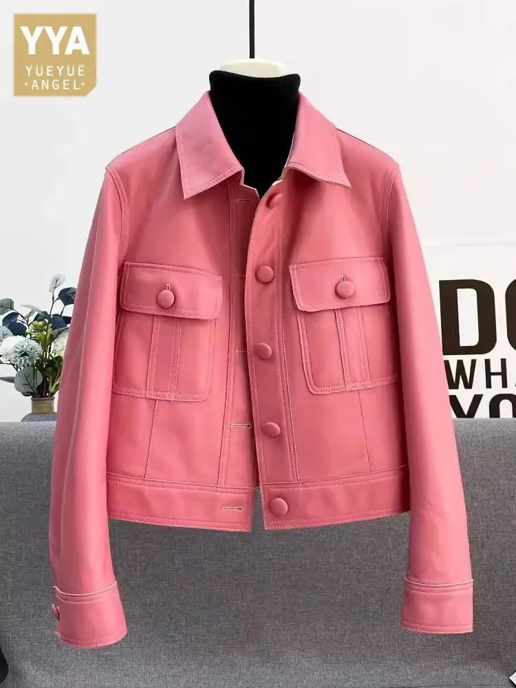 

Pink Spring Women Lapel Collar Single Breasted Sheepskin Genuine Leather Office Lady Casual Coat Motorcycle Biker Jacket