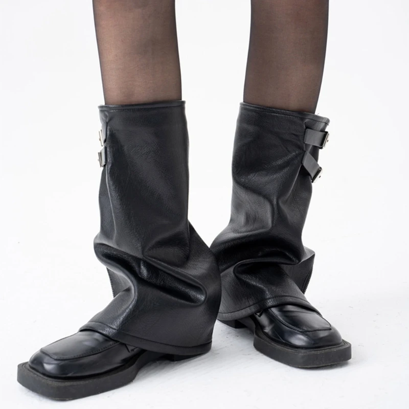 Women Black Leg Warmer with Zipper Y2K Punk Eyelet Strap PU Leather Leg Cover