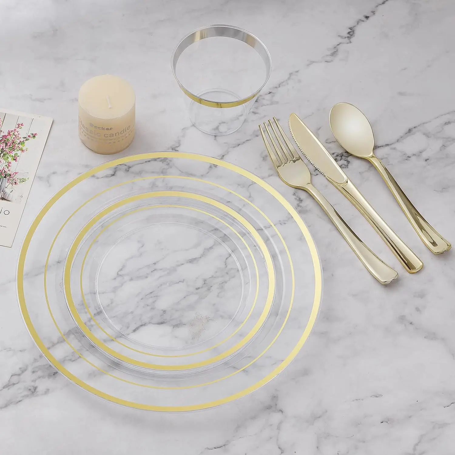600PCS Plastic Dinnerware Set (100 Guests), Clear Gold Disposable Plates for Party, Wedding, Anniversary Includes: Dinner Plates