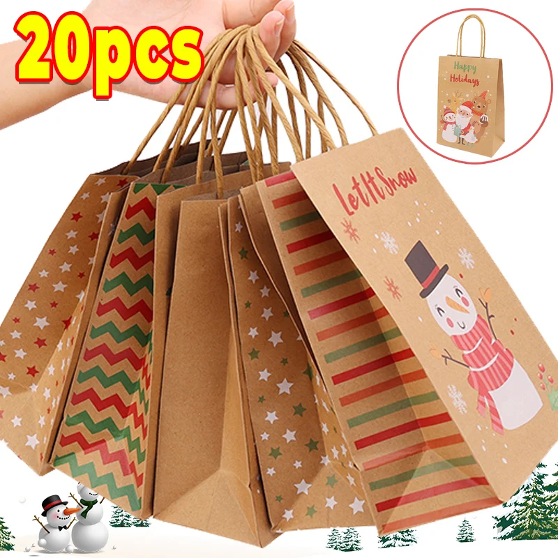 Gift Bags Christmas Gift Bags Christmas Candy Packaging 20/5pcs Christmas Kraft Paper Handbags