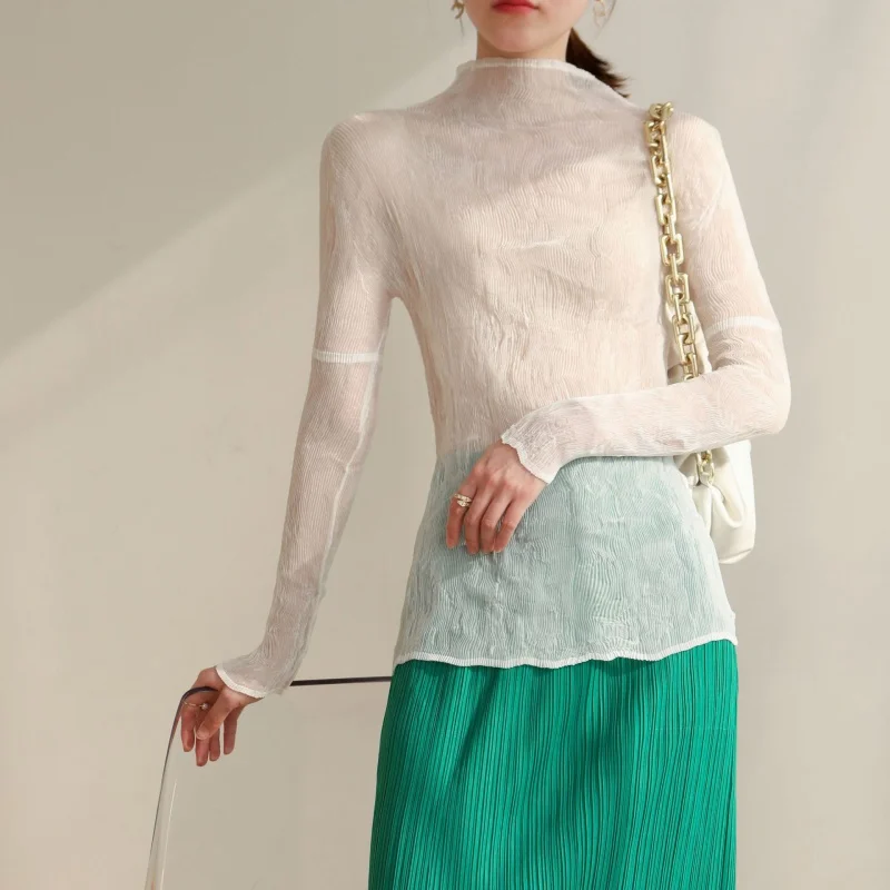 

Autumn Spring New Pleated See-through Bottoming Shirt Super Elastic Slim Youthful Thin T-shirt 4936