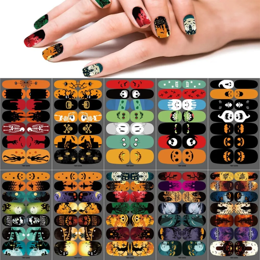 

14Pcs Halloween Laser Nail Sticker Art Pumpkin Skeleton Bat Spider Web DIY Kit Nail Jewellery