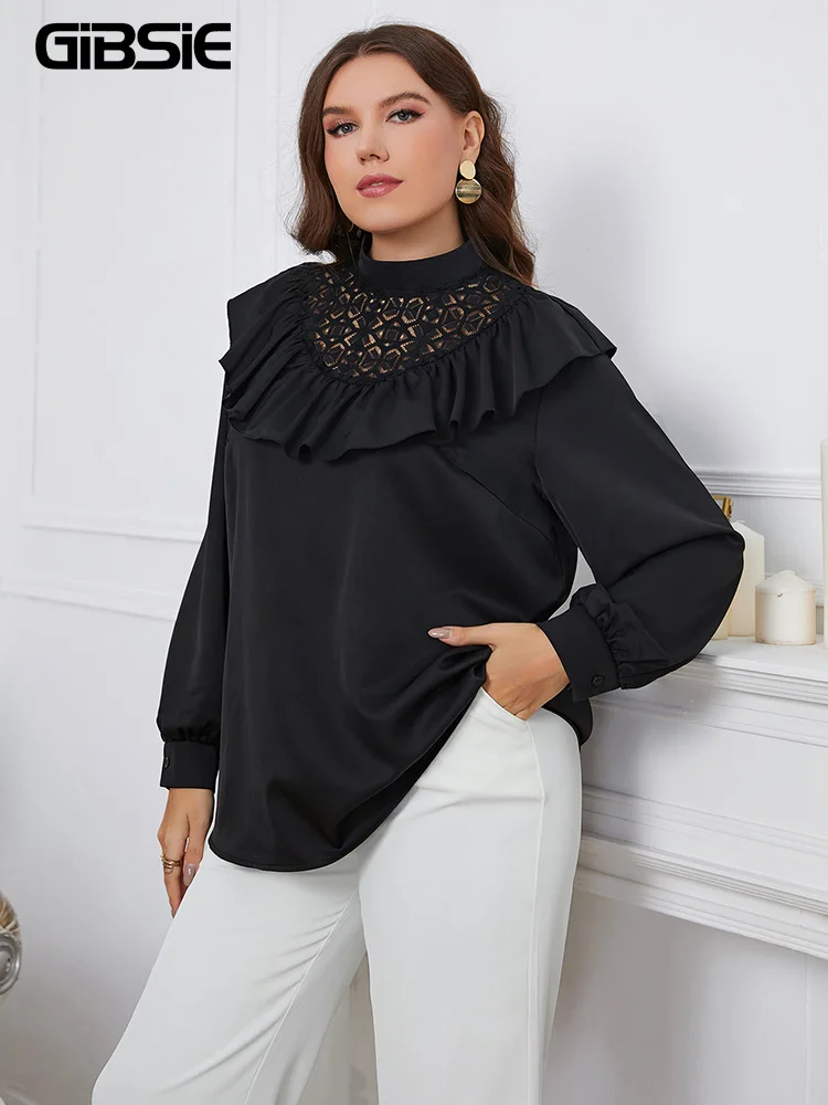 

GIBSIE Plus Size Mock Neck Lace Trim Ruffle Top Blouse Women Spring Fall Black Long Sleeve Office Ladies Elegant Blouses 2023