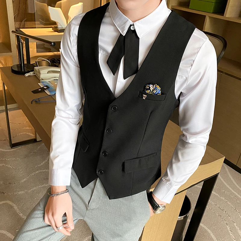 

2022 Men's Black White Suit Vest Wedding Groom Tuxedo One Piece Slim Solid Color Men's Fashion Waistcoat Men's Leisure Vest 5XL