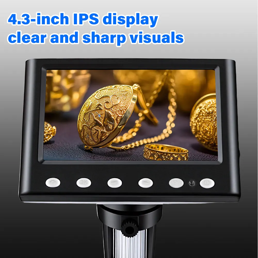 4.3인치 디지털 현미경 1000배율 코인 현미경 1080P 비디오 현미경(스탠드 포함) 성인용 납땜 작업용 8개 LED 드롭스 포함