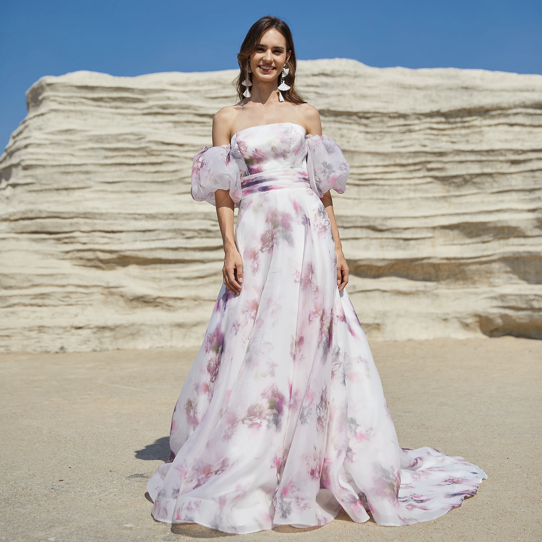 

Detachable Puffy Short Sleeves Chiffon Prom Dresses A-line Flower Evening Dresses Off Shoulder Evening Gown Vestidos De Fiesta