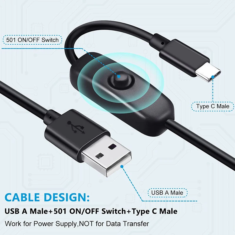 【C】1개 USB to Type C 스위치 케이블 5V 2A 전원 연장선 흰색/검정색 램프/팬 버튼 제어용