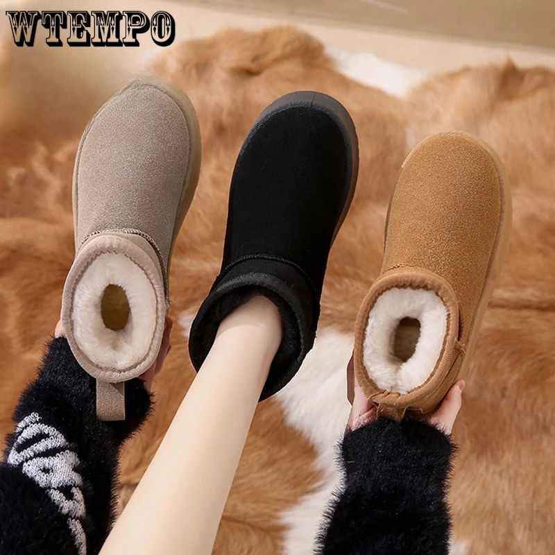 

WTEMPO Winter Women Fleece Lined Boots Thick Bottom Ankle Boots Women Windproof Boots Fashion Ladies Shoes Solid Color Fur Shoes