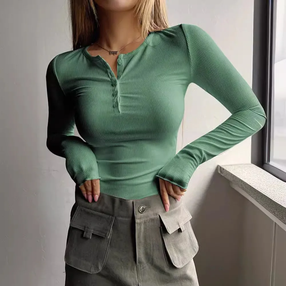 

2024 New Arrival Hot Selling Spring Cross-border Women's New Button Ribbed Slim Knitted T-Shirt Ladies Clothes Fashion T-thirts