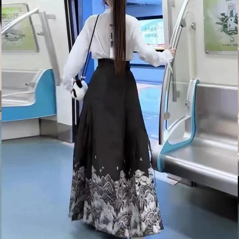 Spring Autumn Vintage Chinese Style Sets Women Solid Color Long Sleeve Shirt and Printing Lacing Pleated High Waist A-line Skirt