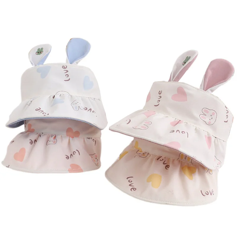 

Cute Bunny Ear Infant Hats Big Brim Caps Summer Empty Top Sun Cap Love Heart Print Baby Hat for Girls Accessories 3-12 Months
