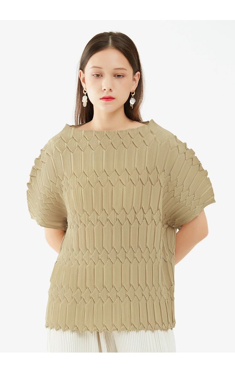 Miyake Pleated Slashneck Top Women’s Handmade Casual pleats Loose T-shirts Short Sleeves Tops Blouses for woman in khaki beige brown Korean Japanese womens Fashion Issey Designer Luxury Clothes