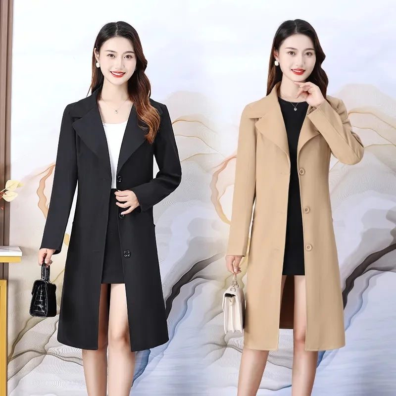 2023 Spring Clothes New Solid Color Suit Collar Windbreaker Western Fashion Loose Mid-length Coat Female Outside With Commuting